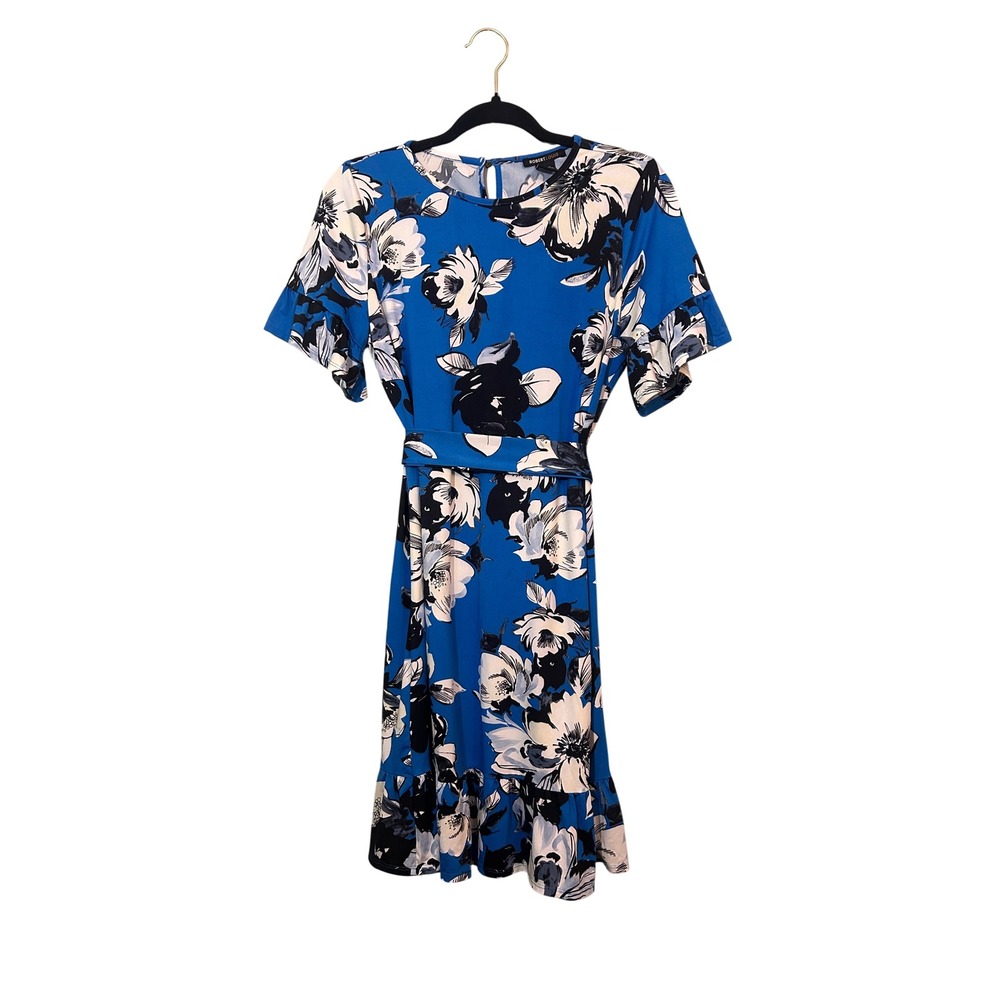 Robert Louis Blue Floral Ruffle Dress Womens Size Small Short Sleeve TieWaist - Picture 2 of 8